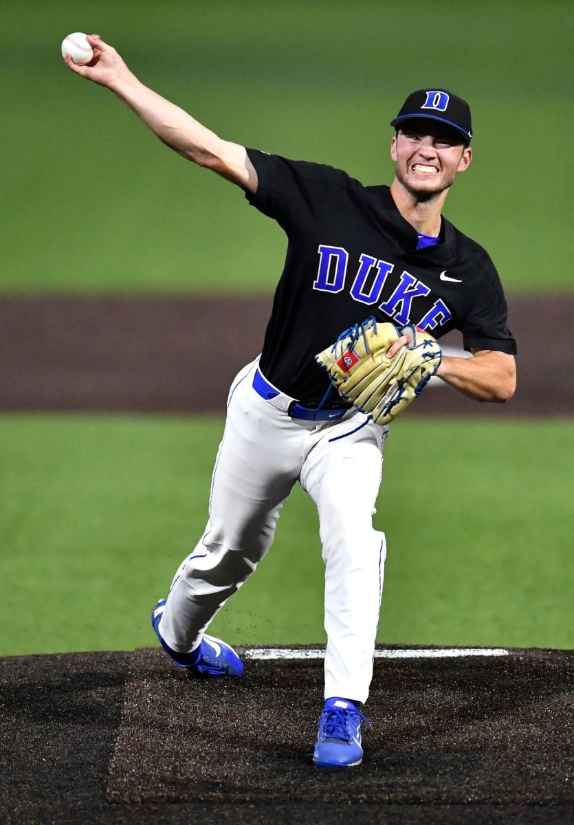 Duke's Bryce Jarvis (28) pitches against Vanderbilt during the NCAA Division I Baseball Super Regionals at Hawkins Field Saturday, June 8, 2019, in Nashville, Tenn. Gw58983